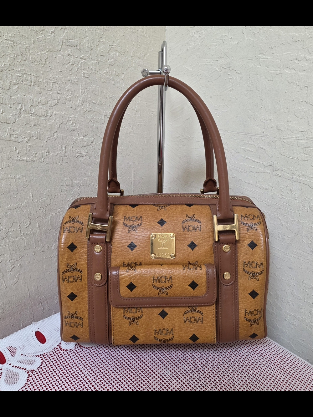 MCM Cognac Monogram Medium Boston Handbag Satchel AUTHENTIC